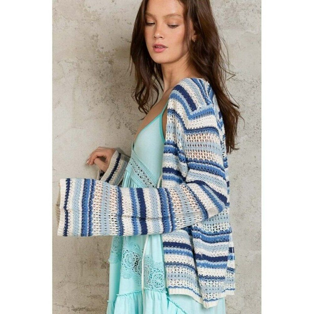 POL Head in the Clouds Lightweight Open Cardigan Sweater in Ivory Blue YST263 - Picture 3 of 4